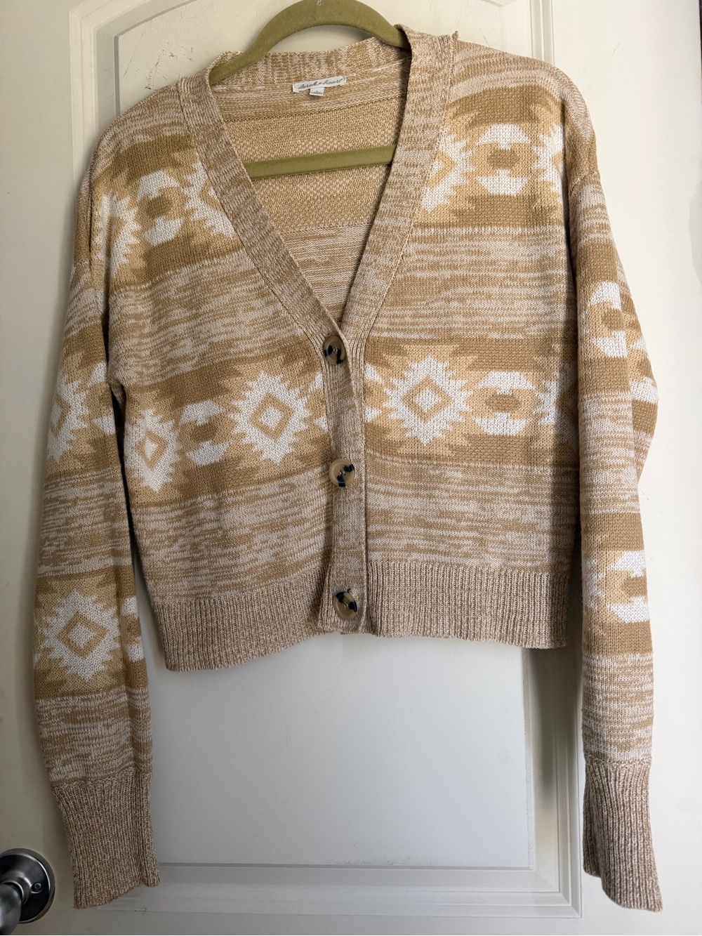 Derek Heart Aztec southwestern print cardigan L neutral crop poly office‎ casual